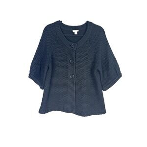 Retro Mod Women 12 Black Chunky Knit Cardigan 60s Chunky Button Puff 3/4 Sleeve